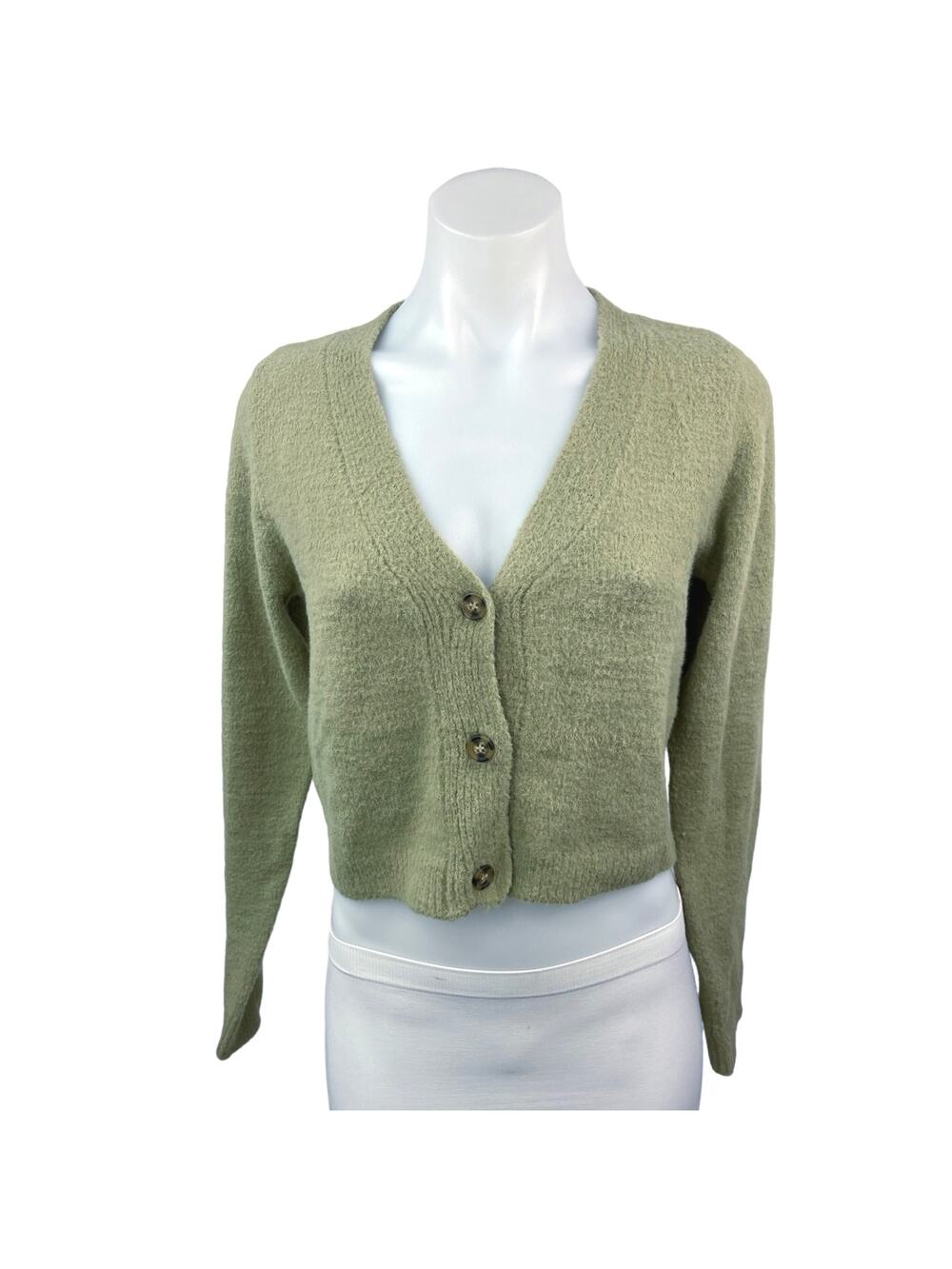 Theo & Spence Olive Green Knit Button Long Sleeve Cropped Cardigan Sweater Top S